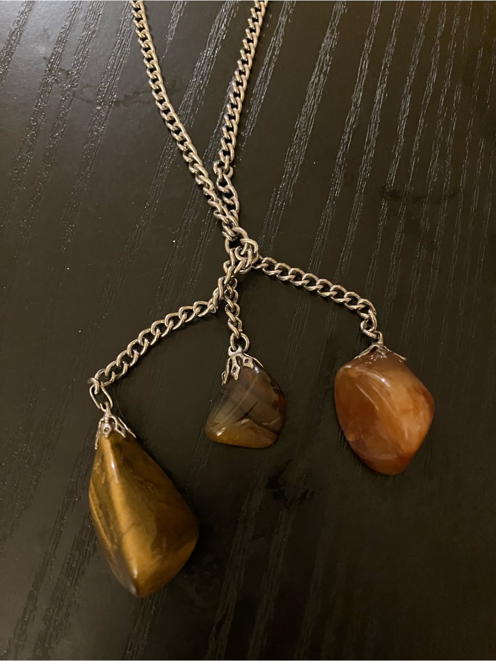 Vintage silver-tone necklace with brown and amber Genuine Stones pendants - Picture 2 of 3